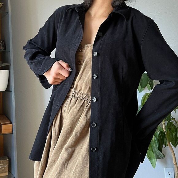 vtg 90s y2k suedelike black button down shirt classic tailored boho blouse small - Picture 10 of 10